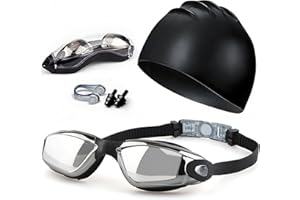 AUSYIWI Ensemble de lunettes de natation, anti-buée, protection UV, pince-nez, bonnet de bain et bouchons d'oreille gratuits, convient aux adultes, aux adolescents et aux enfants