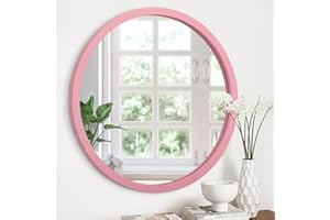 JJUUYOU Specchio rotondo rotondo giallo da 40 cm, con cornice in legno vintage, specchio decorativo per bagno, soggiorno, camera da letto, dormitorio, rosa