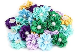 Pssopp 30 Pcs Pet Multicolore Fleur Cheveux Arcs Élégant Daisy Forme Chiot Polyester Tissu Pince À Cheveux avec des Bandes en Caoutchouc pour Chat Moyen Petit Chien