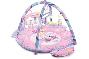 Meero London HE0611 New Born Pink Round Play mat Gym with Large Key Board 4 in 1 Kick & Play Activity Centre, Fun Animals, Music, Sound, Textures, Rattle, Discovery Carpet for Infants Toddlers-Pink