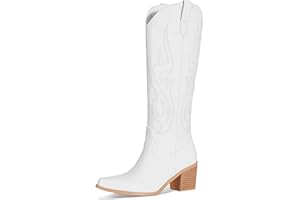 MIRAAZZURRA Bottes de cowboy pour femme - Bout pointu - Broderie - Large mollet - Hauteur genou