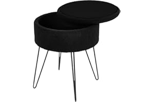 OHS Black Footstool Round Teddy Fleece Boucle, Stool with Storage Hairpin Legs Vanity Chairs Dressing Room Stool Bedroom Living Room Decorative Padded Pouffe Footstools