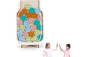 FIZZIX Smiley Face Reward Behavior Jar for Kids, Wooden Incentive Jar with Tokens for Classroom and Home, Motivational Reward Chart for Boys and Girls, Encourages Positive Behaviors and Responsibility