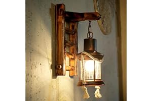 LFOUTE Retro Drewniana Lampa ścienna Kinkiet Schodowy Kreatywna Bambusowa Lampa Wisząca Vintage Konopna Lina Rustykalny Kinkiet Szklany klosz Kinkiety Do Sypialni Restauracja Hotel Korytarz Jadalnia
