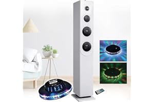 INOVALLEY Tour de Son amplifié 100W Innovaley HP33-CD-WHITE avec Lecteur CD, Bluetooth, FM et USB + télécommande, Jeu de lumière OVNI