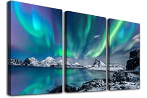 hyidecorart Cuadros Decoracion Dormitorios Verde Aurora Boreal, 3 Piezas, Pared Lienzo Montañas De Invierno Cielo Estrellado Con Luces Polares, Para Sala Comedor Oficina Pasillo Cocina Y Baño