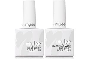 Mylee Nail Gel Polish Top & Base Coat, UV/LED Soak-Off Nail Art Manicure Pedicure for Salon & Home Use - Lasts up to 2 Weeks, Easy to Apply, Durable & Safe (Matte No-Wipe Top & Base 2x10ml, 2x10ml)
