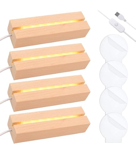 2 Pezzi Base Espositiva In Legno Con Luce LED Calda – Piedistallo Rettangolare Con Scanalature 120x5 Mm E 150x5 Mm, Alimentazione USB, Per Cristalli, Acrilici E Gioielli