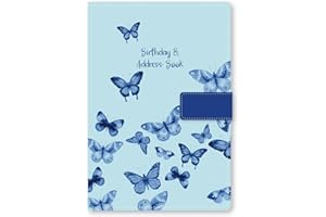 PRECIOUS LONDON Libreta de direcciones telefónicas, índice A-Z, bonita cubierta de tela, estilo vintage, A5, tapa dura, cierre magnético, mariposa azul