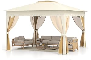 COSTWAY Gazebo Pieghevole 3,4 x 3,4 m con Zanzariera, Gazebo da Giardino con Tende Laterali, Tenda da Giardino Antivento Facile da Montare Resistente 210D con Borsa di Trasporto (Beige)