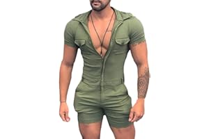 HONGBI Herren Sommer Kurze Jumpsuit Einfarbig Spielanzug Männer Playsuit Hosenanzug Casual Strampler Einteiler Reißverschluss Sportbekleidung Jogginganzug Kurze Hose Kurzarm Overall Onesie mit Taschen