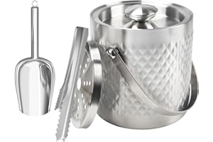 Zythrem 2L Secchiello Ghiaccio in Acciaio Inox, con Coperchio in Silicone, Pinze e Pala, Secchiello Ghiaccio Vino Acciaio Inox a Doppia Parete Isolante, per Cocktail Bar, Feste, Mantiene Il Ghiaccio