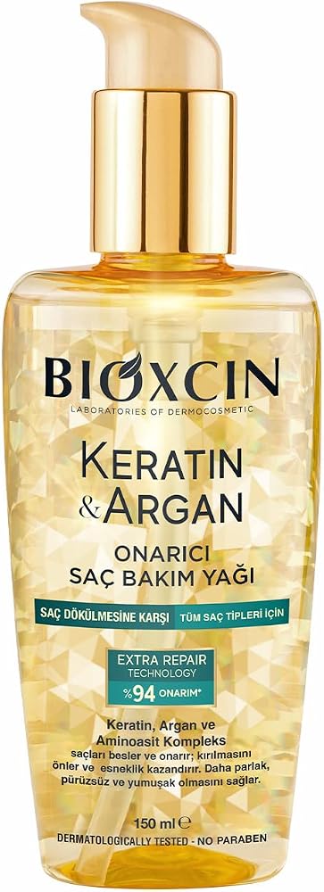Bioxcin Keratin & Argan Onarıcı Saç Bakım Yağı 150 ml – Yıpranmış Saçlar İçin Nemlendirici ve Parlaklık Veren Bakım