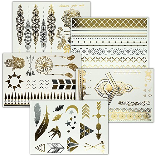 Lucky Tattoos Edition 1 - Premium Metallic Klebetattoos - 5 Bögen, 58 Motive - Gold, Silber, Schwarz