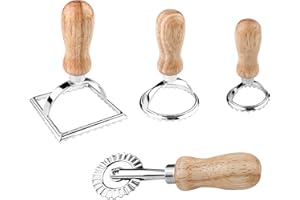 Relota 4 Piezas Cortador Raviolis Rueda, Rodillo Cortadores de Raviolis, Molde para Hacer Raviolis, Juego de Sellos de Ravioli, Moldeador de Ravioles con Mango de Madera y Borde Canalado