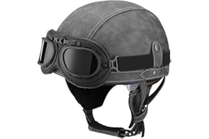 BDTOT Retro Motorrad Halbhelme Leder Halbhelm Deutscher Stil Roller Cruiser Chopper Anti-Collision Helm Abnehmbarer Gehörschutz mit Visier ECE Zertifiziert Roller-Helm Scooter Mofa-Helm
