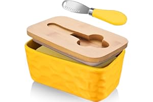 CCHONG Ceramic Butter Dish with Lid and Knife Porcelain Butter Container with Butter Cutter Butter Knife Easy Spread Kitchen Accessories Tableware (Yellow)