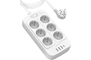 JSVER Multiprise 3M,Bloc Multiprise 6 Prises avec 4 Ports USB Chargeur (3 USB A+1 USB C) Prise Multi Parasurtenseur Parafoudre et Surtension avec Interrupteur pour Smartphone Tablette-Blanc