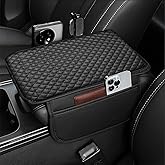 Lyrovo PU Leather Car Armrest Cushion Pad With Side Pockets, Universal Fit for All Car (Black)