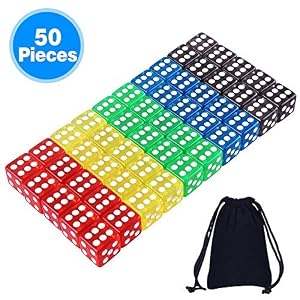AUSTOR 50 Piezas Dados de 5 Colores Translúcidos (Bolsa Libre) para Juegos de Dados, Tenzi, Farkle, Yahtzee, Bunco o Enseñanza de Matemática