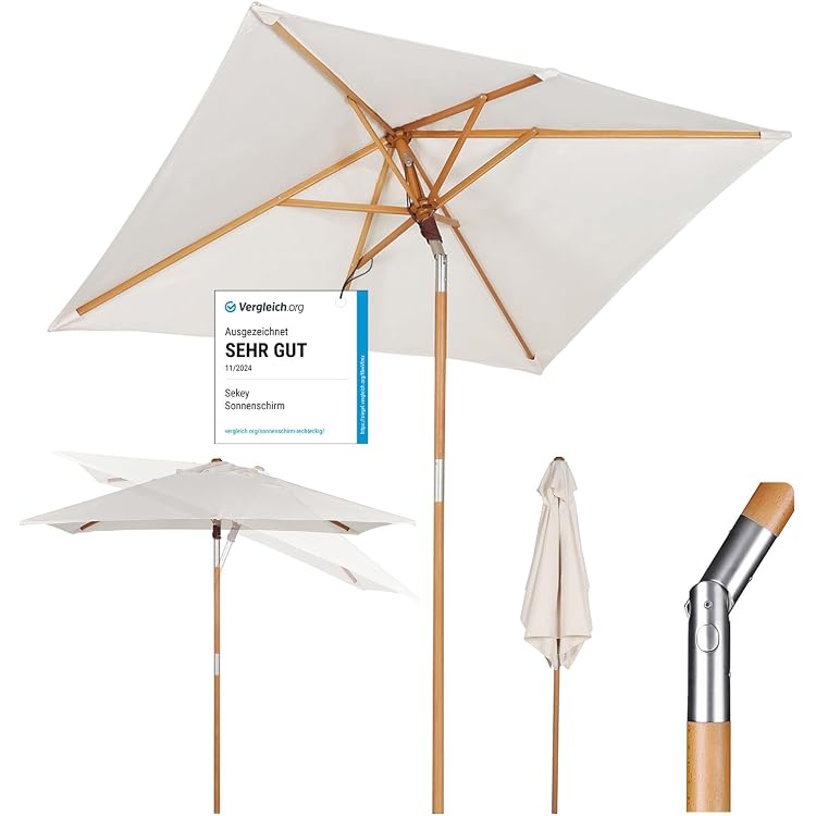 Pure Home & Garden Holz Sonnenschirm Pino – 200 X 150 Cm, Dunkelgrün, UV-Schutz 50+, Mit Kippfunktion & Abnehmbarem Bezug