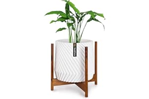 FOX & FERN Support Moderne Milieu de siècle pour Plantes – Exclut Le Pot de Fleurs en céramique Blanc Moderne Fits 15" Pot Bois d'acacia.