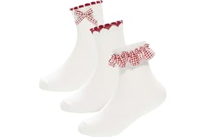 A2Z 4 Kids Lot de 3 paires de chaussettes à bordure en dentelle vichy pour filles en coton majoritaire avec volants et nœud, douces et respirantes, parfaites pour les tenues uniformes ou décontractées