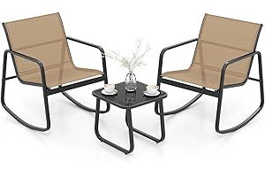 GIANTEX Salon de Jardin 2 Personnes en Tissu Respirant, Table de Jardin Extérieure avec 2 Chaises à Bascule, Petite Table Basse en Verre, Pieds Réglables, Cadre en Métal, pour Balcon, Piscine (Marron)