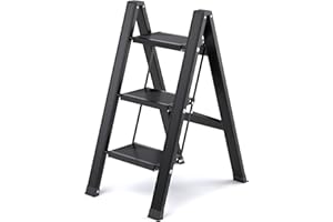 KULACO Escalera plegable en 3 peldaños, de aluminio, portátil, con pedal ancho antideslizante, plegable, ligera, capacidad de carga de 150 kg, color negro