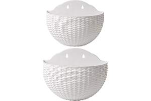 SENCC 2 macetas colgantes de ratán de imitación para colgar en la pared, macetas colgantes de semicírculo al aire libre con agujero de drenaje y ganchos, cesta colgante de jardín de plástico para valla de