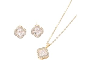 Gkaopi Vierblättriges Kleeblatt Schmuckset für Damen und Mädchen Anhänger Halskette Ohrstecker Hypoallergen Schmuck Set Verstellbarer Ketten Lucky Jewelry