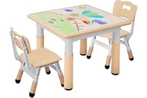 MAMIZO Tavolo Bambini con 2 Sedie, Tavolo e Sedie Bambini, Regolabile in altezza, in Plastica, per Set Bambina dai 2 anni (Giallo, Tavolo Quadrato), 60 x 60 cm, KT-TC01