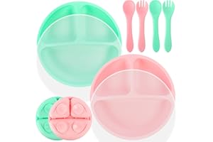 AUROAY Set de 2 Platos de Bebé con Ventosas, Platos de Silicona para Bebé con Cucharas, Tenedores, Tapas, Platos de Destete Divididos, Irrompibles, Antideslizantes, No Tóxicos, Sin BPA