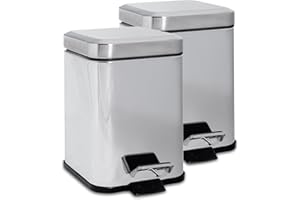 Harbour Housewares 3L Bathroom Bins - Chrome - Pack of 2 - Square Stainless Steel Pedal Bin Slim Kitchen Rubbish Trash Can Garbage Dustbin with Lid and Inner Bin Liner Bucket