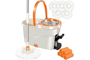 Masthome Wischmopp und Eimer Set,Bodenwischer mit 145cm Teleskopstiel,Rotationseimer Edelstahl mit Pedal (6L),Mopp und Putzeimer mit 5 Moppköpf für Bodenreinigung-Senden 5 Reinigungs Lappen