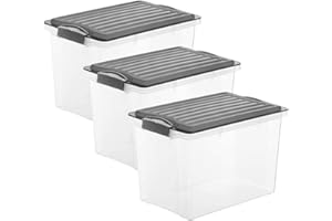 Rotho Compact - Juego de 3 Cajas de Almacenamiento de 19 L con Tapa, Plástico (PP) sin BPA, Gris Antracita/Transparente, 3 x 19 L (40.0 x 28.0 x 27.0 cm)