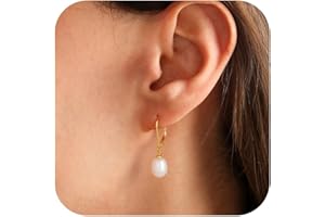 Turandoss Boucles d'Oreilles Plates pour Femme, Hypoallergéniques Plaquées or 14 Carats Pendentif en Perle Naturelle Parfaites au Quotidien Idéales Comme Cadeau d'Anniversaire ou de Noël