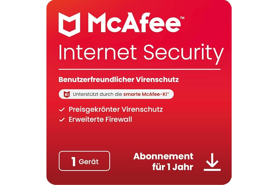 McAfee Internet Security (1 Geräte) 2025 | 12 Monate| Echtzeitschutz für PCs vor neuen und dynamischen Bedrohungen | Digitale