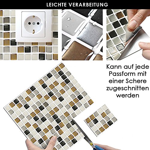 4er Set 25,3 x 25,3 cm Grandora selbstklebende 3D Mosaik Fliesenaufkleber verschiedene Farben und Größen W5193 Fliesendekor Küche Bad dunkelgrau kupfer silber Mosaik Design 5 - 3