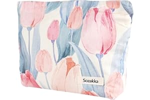 Fycyko Trousse de Maquillage Voyage Trousses de Toilette Fleurs Trousse Maquillage Femme Cosmétiques à Glissière Portable Sac de Organiseur Cosmétique Sac de Maquillage Femme - Tulipes Roses