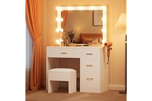 YITAHOME Schminktisch mit Spiegel, Kosmetiktisch mit 4 Schubladen, Frisiertisch mit Hocker, Beleuchtung, Steckdose, Weiß (Make Up Tisch, Frisiertisch, Kosmetiktisch, Vanity Table)
