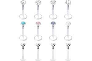 LAURITAMI 12pcs Bioflex Labret Retainer Clear Lip Bars Plastic Studs Crystal 8mm 16G Medusa Monroe Lip Piercing Jewellery