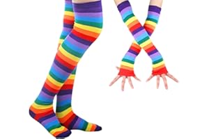 HOTSO Rainbow Knee High Socks Striped Thigh High Socks Rainbow Gloves Arm Warmers for Women Girls Pride Accessories Party Costume Parade Decorations