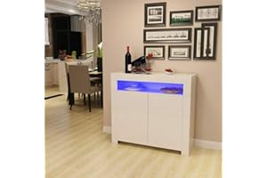 TUKAILAI Aparador moderno de alto brillo blanco mate con luces LED y 2 puertas Buffet estantería de almacenamiento para comedor, sala de estar, cocina, oficina