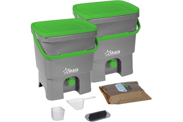 Skaza Bokashi Organko 1 Composteur de Cuisine (2 x 16L) – Bokashi Composteur sans Odeur en Plastique Recyclé – Kit de Démarrage + 1 kg de Ferment – Gris-Vert