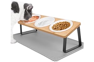 Vmglgig Ceramic Cat Food Bowls, 3PCS Cat Bowl With 15° Tilted Wood Stand,Raised Cat Bowls for Food and Water, Bamboo Cat Feeding Station with Cat Food Mat for Cats and Puppy (3 Bowls)