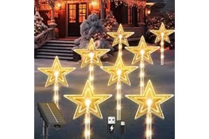 RECHOO Solar Outdoor Christmas Decorations, 8 Pack Warm Star Christmas Lights with 10 Modes, USB Rechargeable Waterproof LED Star Christmas Pathway Lights for Indoor Outdoor Garden Yard Gift