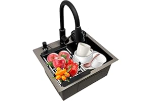 MINRS Spülbecken 45 x 40 cm Küchenspüle Schwarz Küchenwaschbecken Edelstahl, ausziehbar, 360 °, mit Spüle + Abflusskorb + Seifenspender für Spülbecken, Unterbau