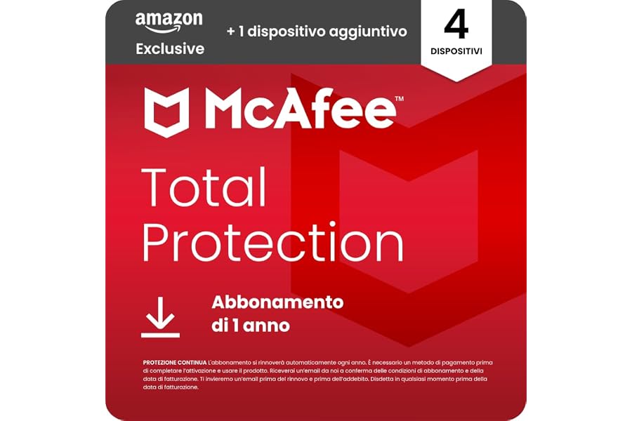 McAfee Total Protection - 4 più 1 Dispositiv aggiuntivo 2026 | Antivirus, VPN gestore delle password, software di sicurezza,|