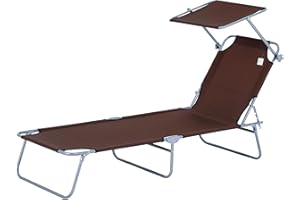 ‎OUTSUNNY Outsunny Sonnenliege klappbar Gartenliege mit Dach, Liegestuhl mit 4-Fach verstellbare Rückenlehne, wetterfeste Campingliege bis 120 kg belastbar, für Garten Strand Pool, Braun